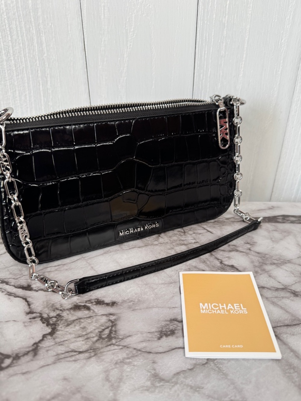 Michael Kors Empire Crocodile-Embossed Leather Chain-Link Pochette in black - Picture 9 of 11
